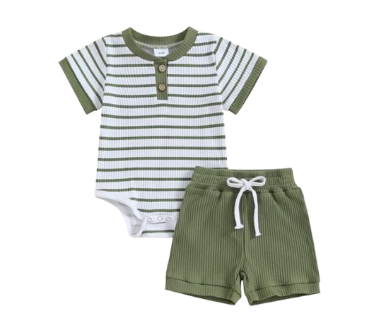 The Morrie - Short Sleeve Ribbed Striped Romper + Shorts