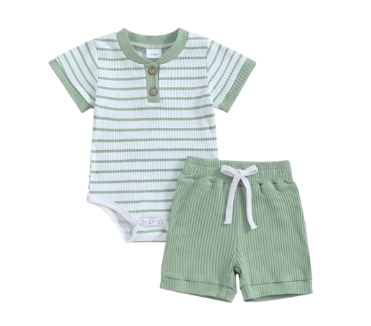 The Morrie - Short Sleeve Ribbed Striped Romper + Shorts