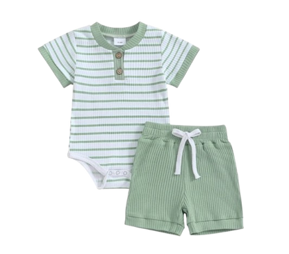 The Morrie - Short Sleeve Ribbed Striped Romper + Shorts