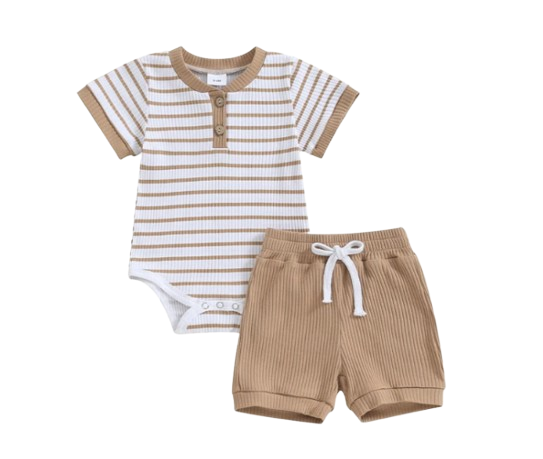 The Morrie - Short Sleeve Ribbed Striped Romper + Shorts