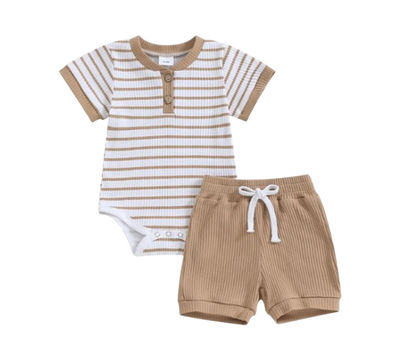 The Morrie - Short Sleeve Ribbed Striped Romper + Shorts