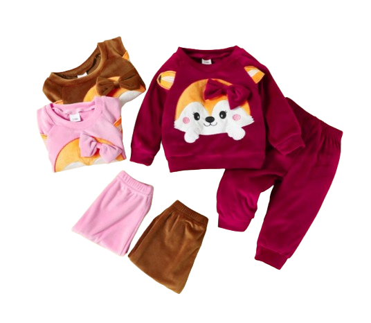 The Nora - Baby Girl Fleece Cute Bow Fox Fluff Long Sleeve + Pants