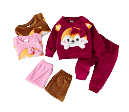 The Nora - Baby Girl Fleece Cute Bow Fox Fluff Long Sleeve + Pants