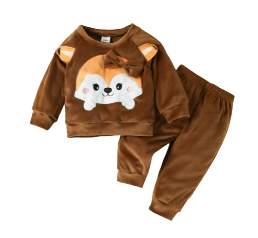 The Nora - Baby Girl Fleece Cute Bow Fox Fluff Long Sleeve + Pants