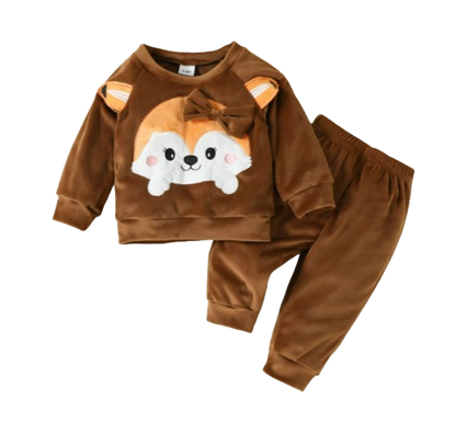 The Nora - Baby Girl Fleece Cute Bow Fox Fluff Long Sleeve + Pants