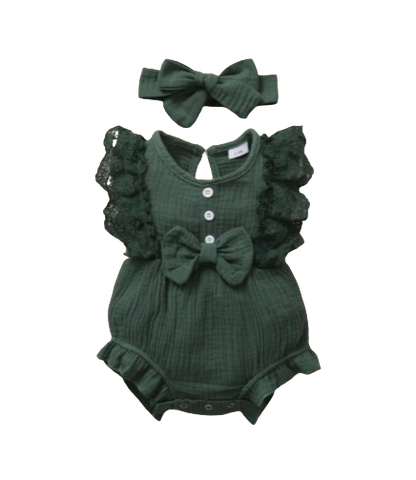 The Ollie - Newborn Baby Girl Lace Flare Sleeve Bodysuit and Headband Summer Romper Set