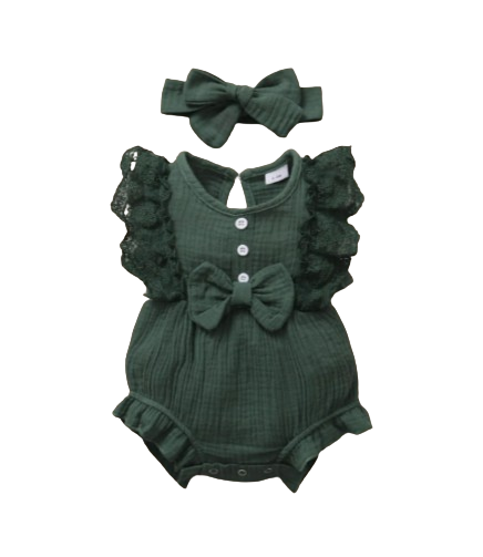The Ollie - Newborn Baby Girl Lace Flare Sleeve Bodysuit and Headband Summer Romper Set