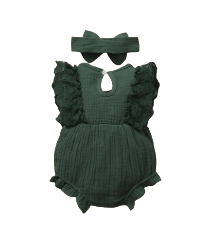 The Ollie - Newborn Baby Girl Lace Flare Sleeve Bodysuit and Headband Summer Romper Set