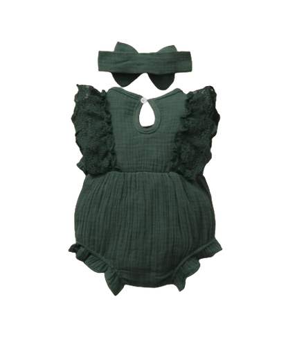 The Ollie - Newborn Baby Girl Lace Flare Sleeve Bodysuit and Headband Summer Romper Set
