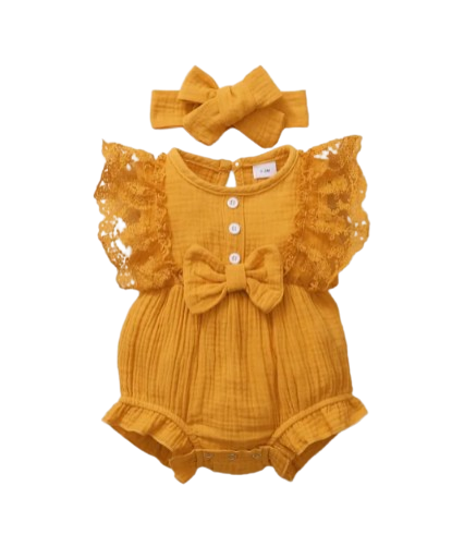 The Ollie - Newborn Baby Girl Lace Flare Sleeve Bodysuit and Headband Summer Romper Set