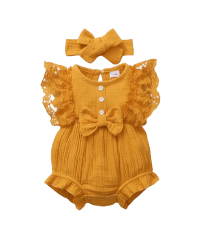 The Ollie - Newborn Baby Girl Lace Flare Sleeve Bodysuit and Headband Summer Romper Set