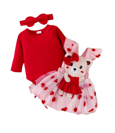 The Piper - Baby Girl Long Sleeve Red Romper Heart Print Skirt & Headband