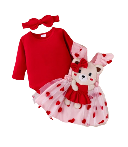 The Piper - Baby Girl Long Sleeve Red Romper Heart Print Skirt & Headband