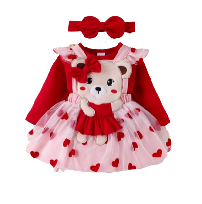 The Piper - Baby Girl Long Sleeve Red Romper Heart Print Skirt & Headband