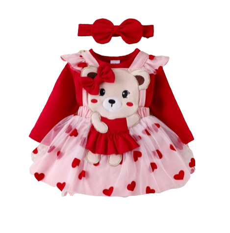 The Piper - Baby Girl Long Sleeve Red Romper Heart Print Skirt & Headband