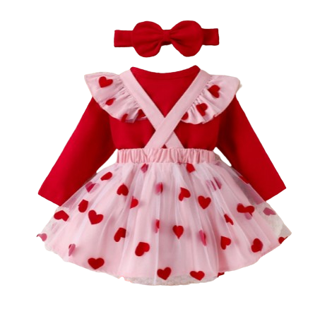 The Piper - Baby Girl Long Sleeve Red Romper Heart Print Skirt & Headband