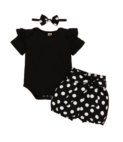 The Rachel - Baby Black Short Sleeve Tops + Polka Dot Shorts + Headband