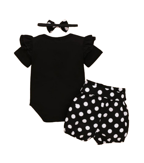 The Rachel - Baby Black Short Sleeve Tops + Polka Dot Shorts + Headband