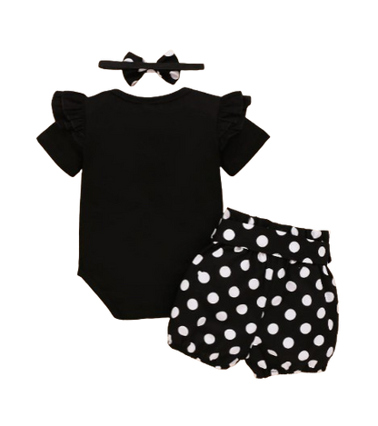 The Rachel - Baby Black Short Sleeve Tops + Polka Dot Shorts + Headband