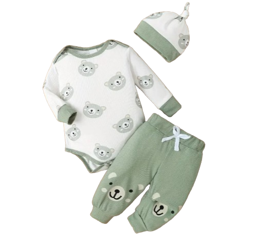 The Ricky - Bear Print Round Neck Long Sleeve + Pants + Hat