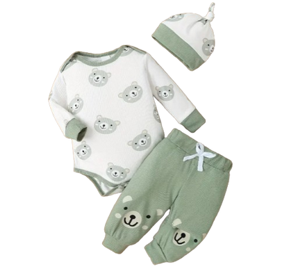 The Ricky - Bear Print Round Neck Long Sleeve + Pants + Hat