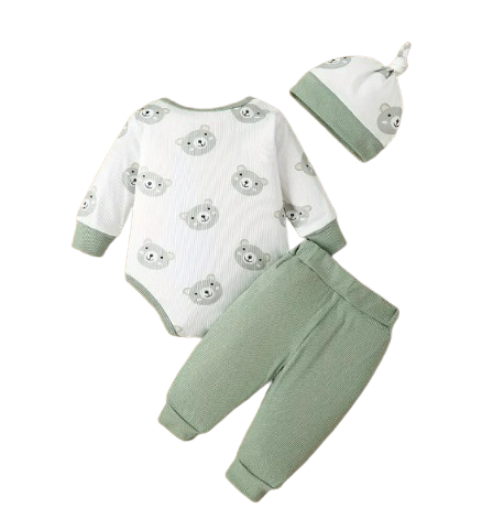 The Ricky - Bear Print Round Neck Long Sleeve + Pants + Hat