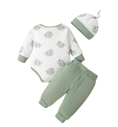 The Ricky - Bear Print Round Neck Long Sleeve + Pants + Hat