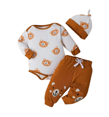 The Ricky - Bear Print Round Neck Long Sleeve + Pants + Hat