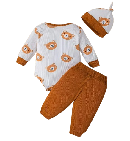 The Ricky - Bear Print Round Neck Long Sleeve + Pants + Hat