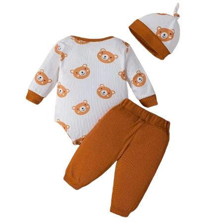 The Ricky - Bear Print Round Neck Long Sleeve + Pants + Hat