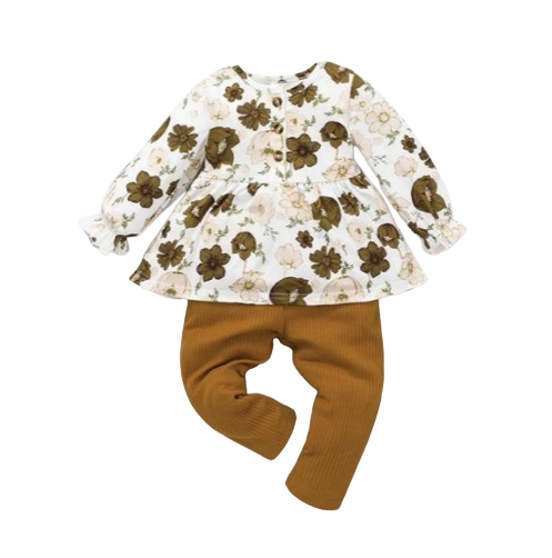 The Rosalie - Baby Girl Brown Floral Long Sleeve Tops + Pants