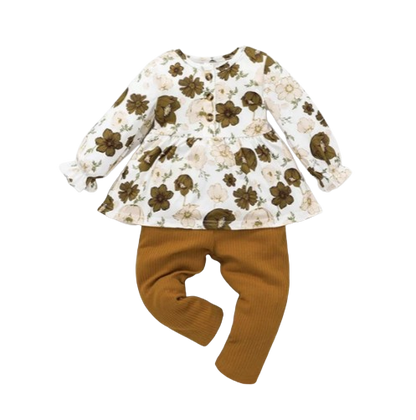 The Rosalie - Baby Girl Brown Floral Long Sleeve Tops + Pants