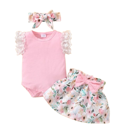 The Rose - Baby Pink Solid Colour Tops + Floral Skirt + Headband