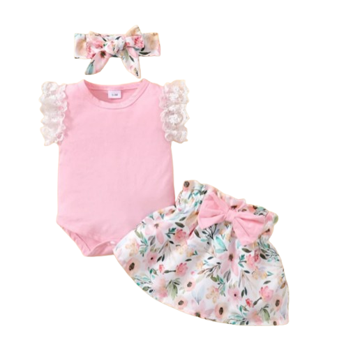 The Rose - Baby Pink Solid Colour Tops + Floral Skirt + Headband