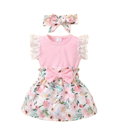 The Rose - Baby Pink Solid Colour Tops + Floral Skirt + Headband