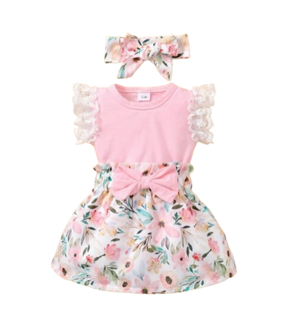 The Rose - Baby Pink Solid Colour Tops + Floral Skirt + Headband