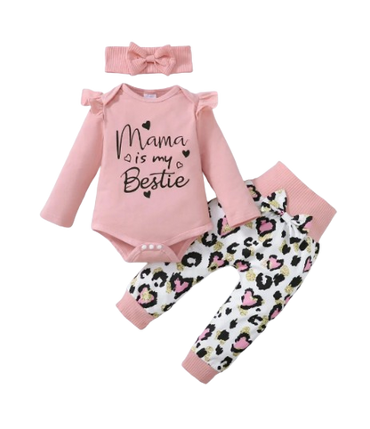 The Ruby - Baby Girl My Mama Print Long Sleeve Romper Tops + Heart Print Pants + Headband