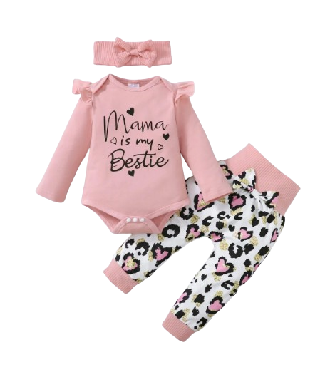 The Ruby - Baby Girl My Mama Print Long Sleeve Romper Tops + Heart Print Pants + Headband