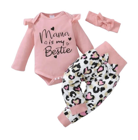 The Ruby - Baby Girl My Mama Print Long Sleeve Romper Tops + Heart Print Pants + Headband