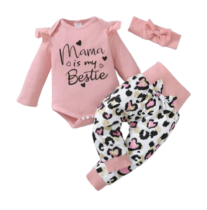 The Ruby - Baby Girl My Mama Print Long Sleeve Romper Tops + Heart Print Pants + Headband