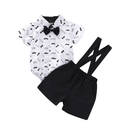 The Ryan - Short Sleeve Bodysuit with Bow + Suspender Pants