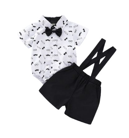 The Ryan - Short Sleeve Bodysuit with Bow + Suspender Pants