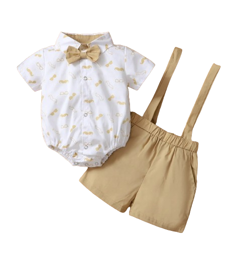 The Ryan - Short Sleeve Bodysuit with Bow + Suspender Pants