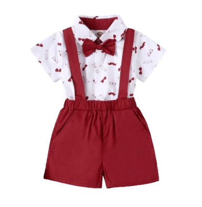 The Ryan - Short Sleeve Bodysuit with Bow + Suspender Pants