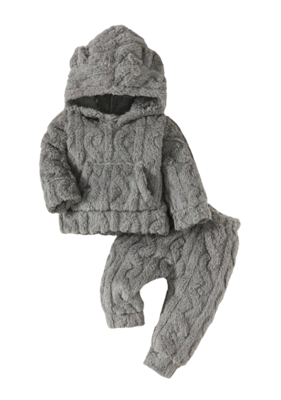 The Samuel - Baby Boy Bear Ears Hat Furry Hoodie & Plain Pants