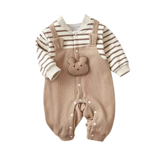 The Shannon - Baby Unisex Waffle Striped Cartoon Bear  Jumpsuits