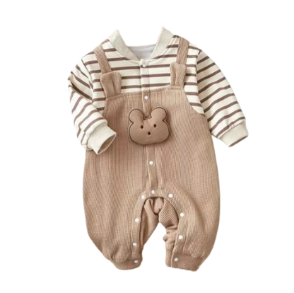 The Shannon - Baby Unisex Waffle Striped Cartoon Bear  Jumpsuits