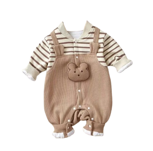 The Shannon - Baby Unisex Waffle Striped Cartoon Bear  Jumpsuits