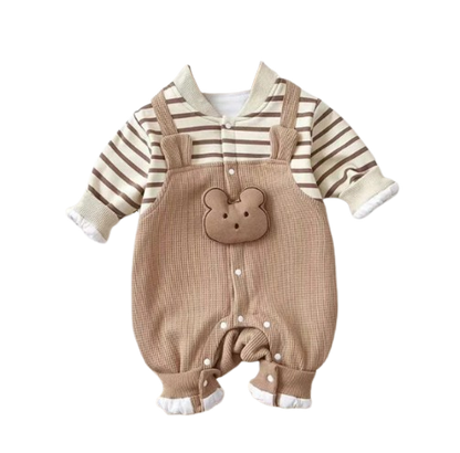 The Shannon - Baby Unisex Waffle Striped Cartoon Bear  Jumpsuits