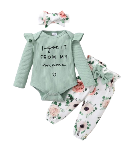 The Sophie - Baby Girl Green Print Romper + Pants + Headband